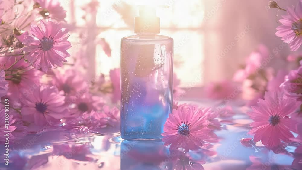 A bottle of shampoo surrounded by violet flowers on the purple background. A bottle of shampoo surrounded by violet flowers on the purple background.