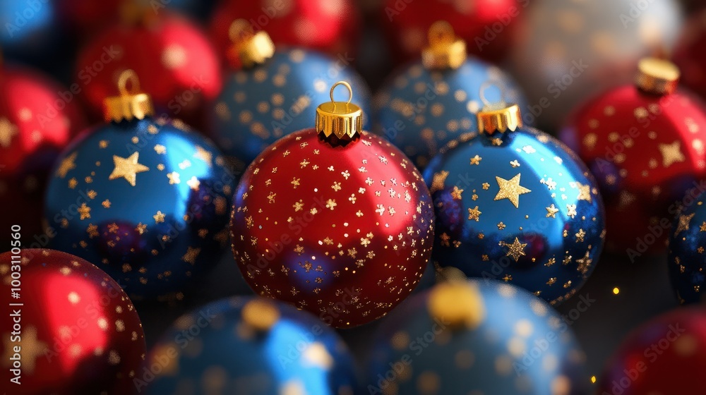 3d render of red and blue christmas balls with golden stars 3d render of red and blue christmas balls with golden stars