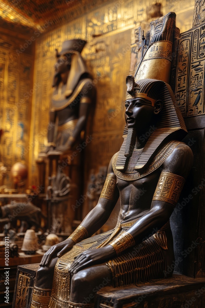 A magnificent seated figure of a pharaoh showcases exquisite details and gold accents, surrounded by ancient artifacts within an elaborate tomb setting A magnificent seated figure of a pharaoh showcases exquisite details and gold accents, surrounded by ancient artifacts within an elaborate tomb setting