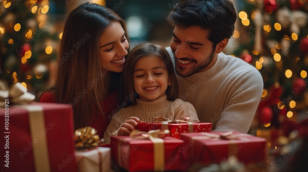 Family shares festive moment, opening gifts in warmly lit indoor setting.