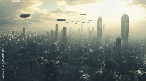 A futuristic cityscape with many buildings and flying objects