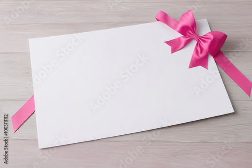 White blank sheet of paper with pink ribbon, greeting card mockup with bow, minimalist composition. Template for customization. For adding your design or text. For invitation or postcard concepts