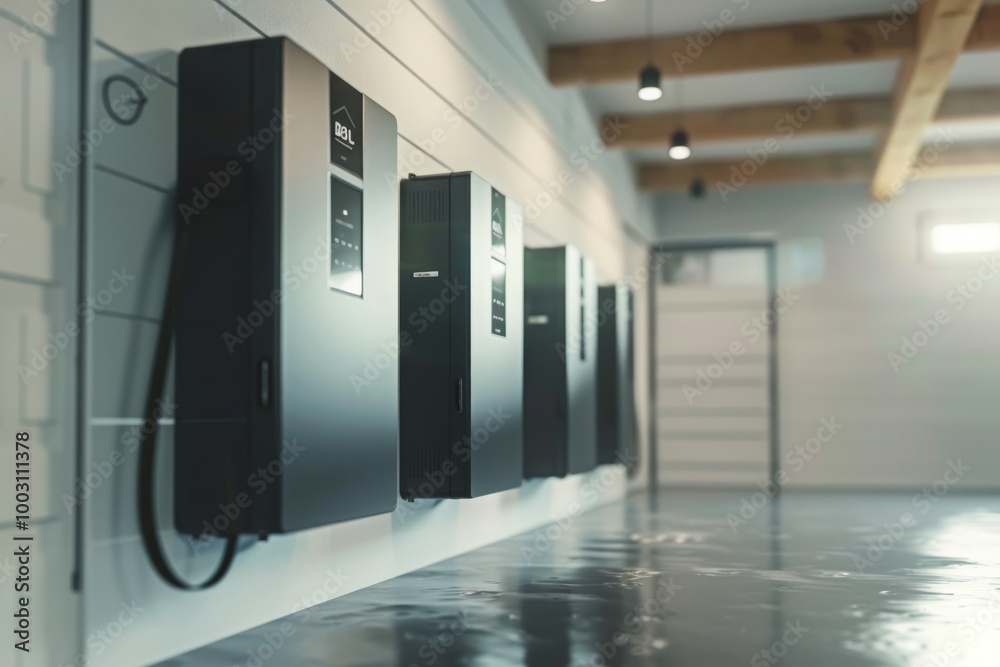 Concept of a home battery packs alternative electric energy storage system at modern home garage wall as backup or sustainable energy concepts. MZ Concept of a home battery packs alternative electric energy storage system at modern home garage wall as backup or sustainable energy concepts. MZ