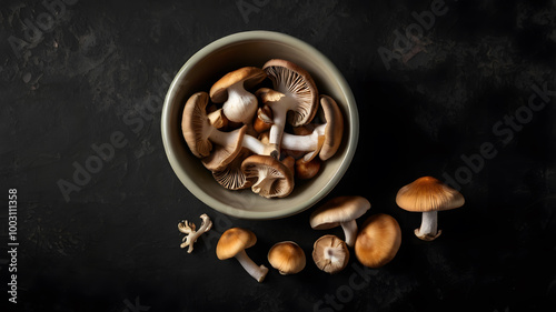 Different fresh wild mushrooms in bowl on black background, flat lay