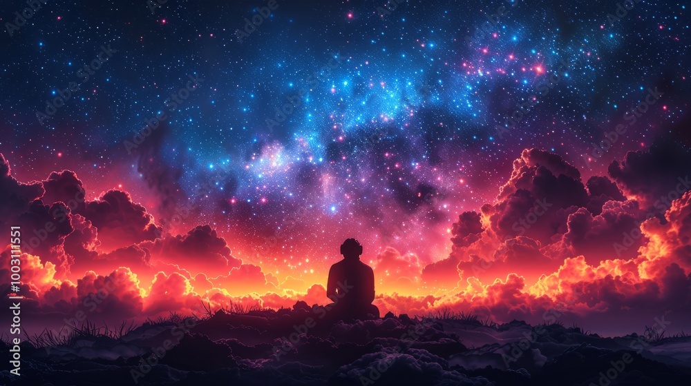 A solitary figure sits peacefully, immersed in the breathtaking display of stars and clouds, as the twilight sky lights up with vivid cosmic hues A solitary figure sits peacefully, immersed in the breathtaking display of stars and clouds, as the twilight sky lights up with vivid cosmic hues