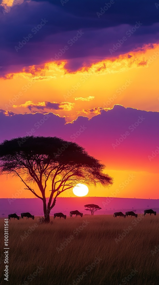 Fototapeta premium Silhouette of acacia tree and elephants against dramatic African sunset, picturesque and serene land