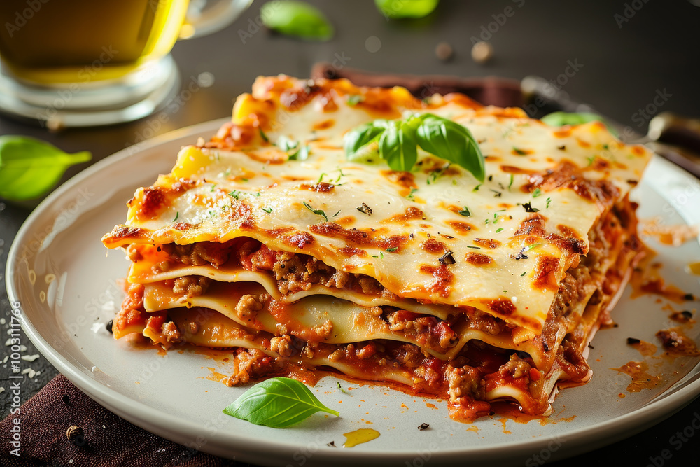 A plate of lasagna with a basil leaf on top A plate of lasagna with a basil leaf on top
