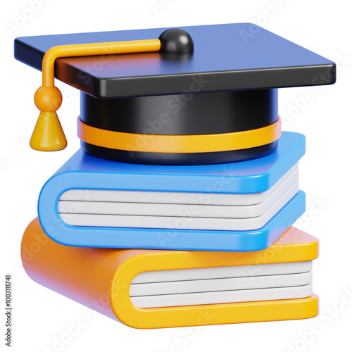 Graduation cap on stack of books isolated Back to school and education minimal icon 3D illustration