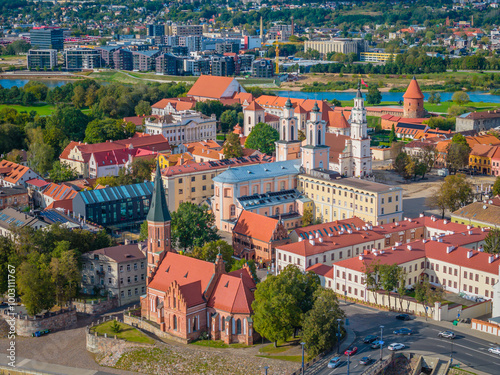 Kaunas old town, Lithuania. Panoramic drone aerial view photo of Kaunas city center with many historical buildings