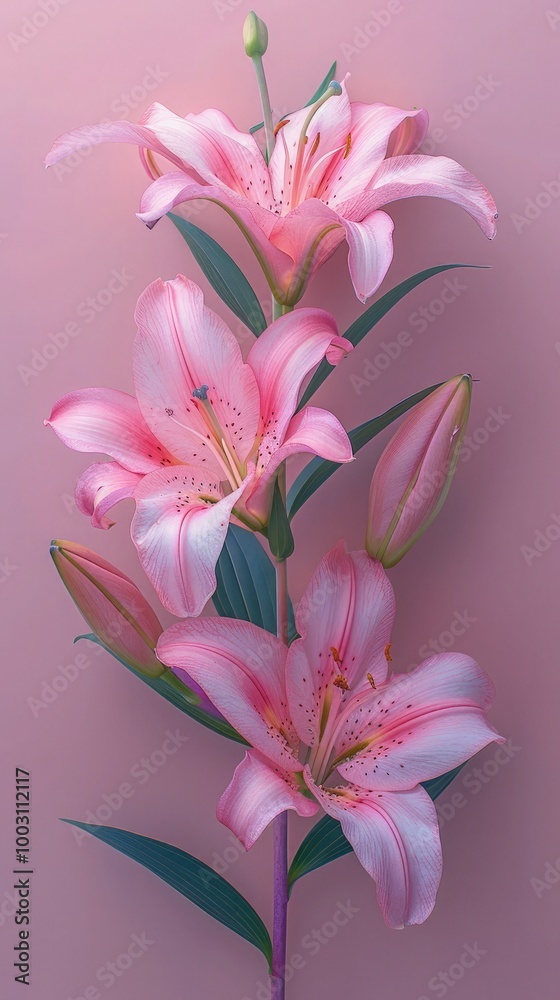 Fototapeta premium Lily flower on soft color background, romantic feminine composition, wedding invitation concept.