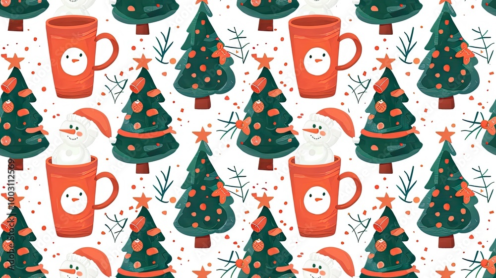 New Year pattern, Christmas tree and snowman mug New Year pattern, Christmas tree and snowman mug