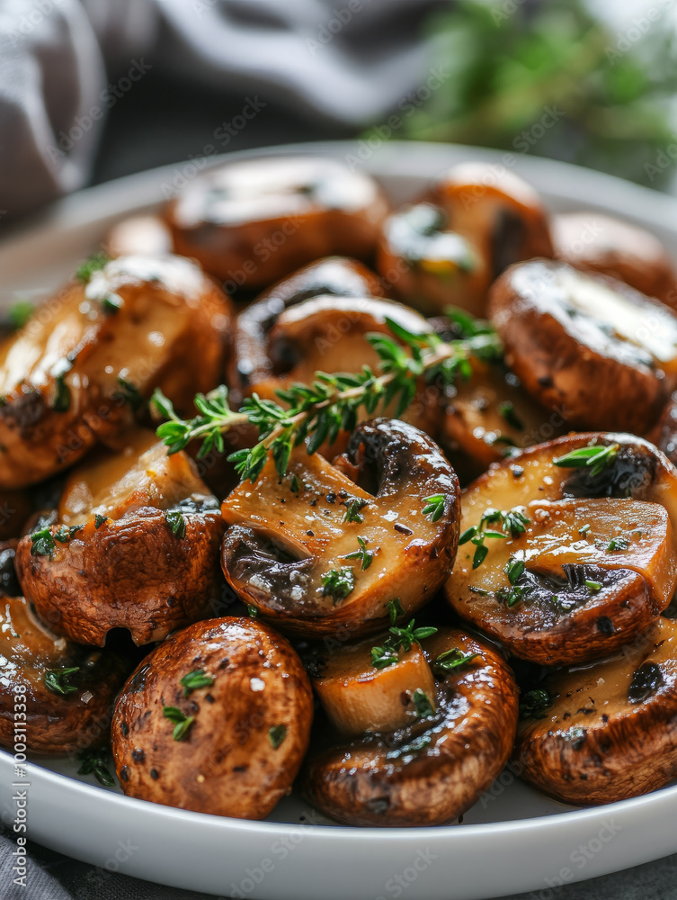 Close-up of grilled mushrooms with herbs on a plate.