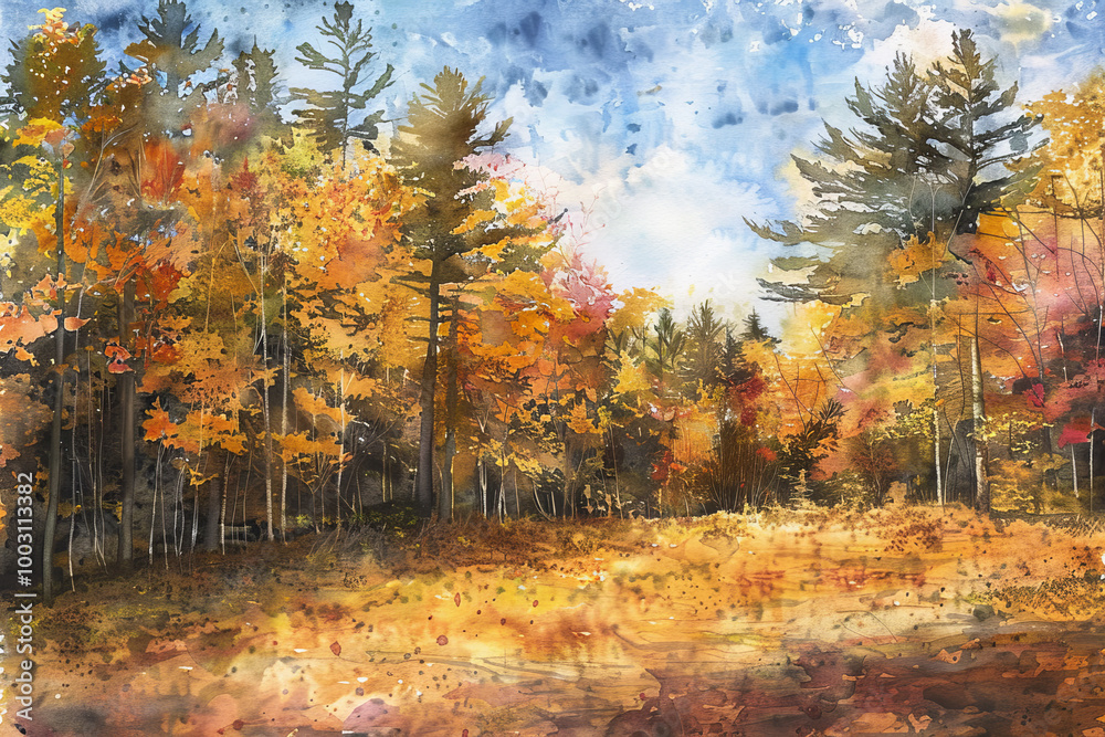 Fototapeta premium A painting of a forest with trees in autumn colors