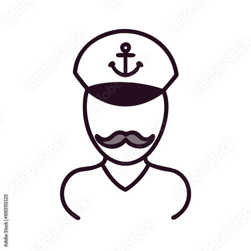  Nautical Captain Outline with Anchor Hat and Mustache Vector Illustration