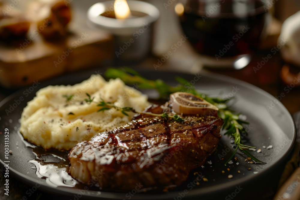 A plate of steak and mashed potatoes with a mushroom on top A plate of steak and mashed potatoes with a mushroom on top
