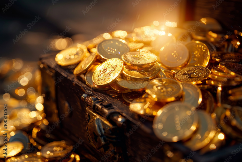 A pile of gold coins sits in a wooden box A pile of gold coins sits in a wooden box