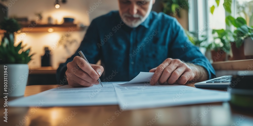A man is writing on a piece of paper with a pen. He is sitting at a table with a calculator and a notebook. The scene suggests that he is working on a project or a task that requires calculations A man is writing on a piece of paper with a pen. He is sitting at a table with a calculator and a notebook. The scene suggests that he is working on a project or a task that requires calculations