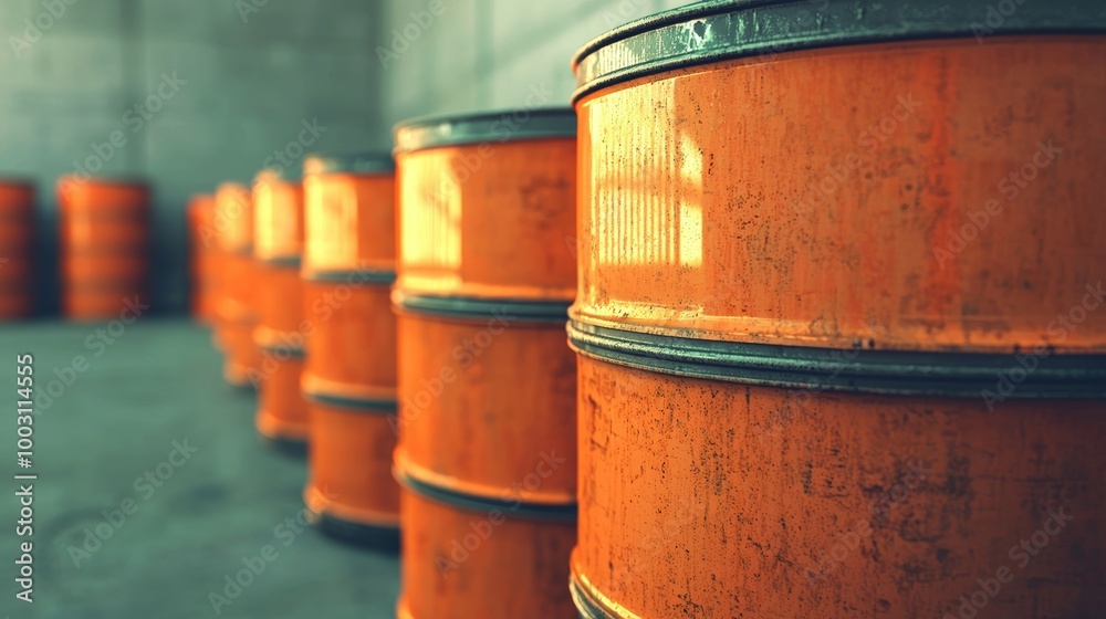 Row of orange industrial barrels in a warehouse setting Row of orange industrial barrels in a warehouse setting