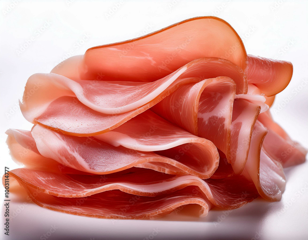 A macro shot of a stack of thinly sliced cured meats like prosciutto, showing the marbled f A macro shot of a stack of thinly sliced cured meats like prosciutto, showing the marbled f