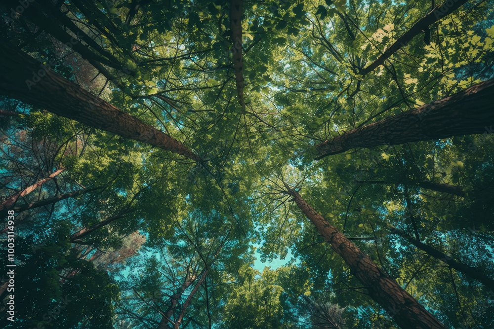 Fototapeta premium A forest with trees reaching up to the sky
