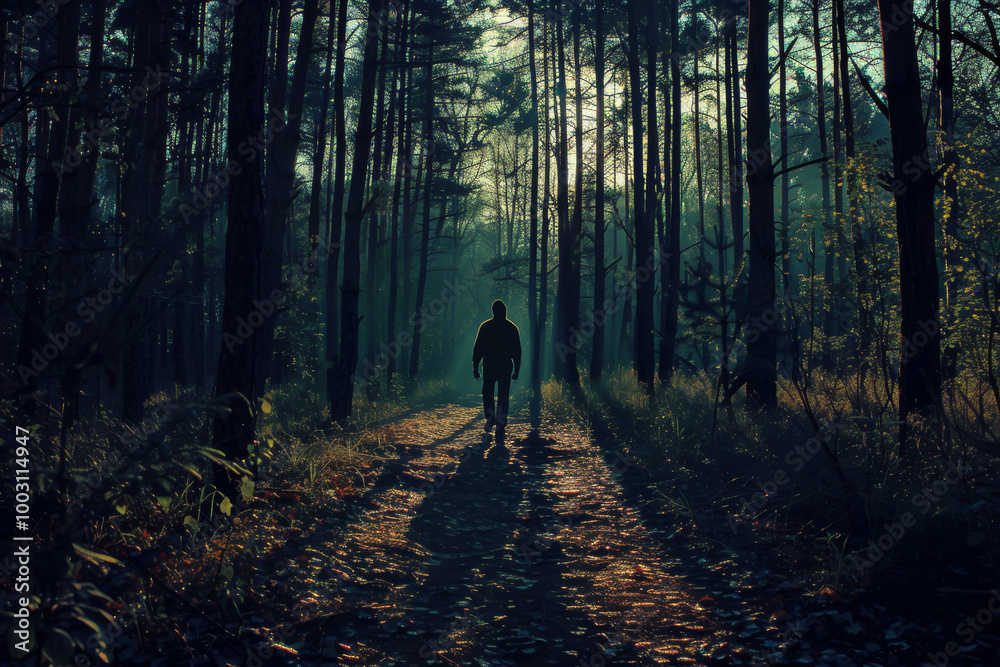 A man is walking through a forest at night A man is walking through a forest at night