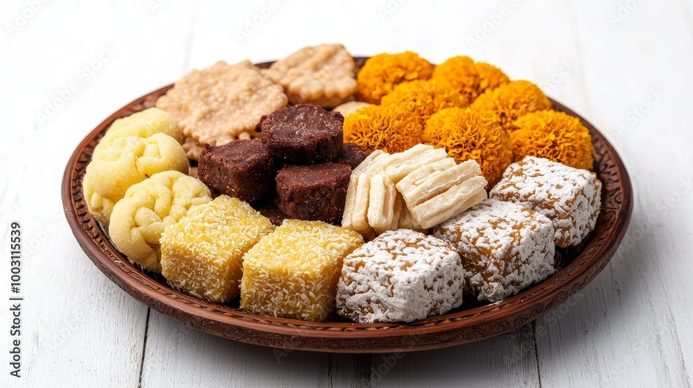 Assorted traditional sweets on a rustic plate, white isolated background Assorted traditional sweets on a rustic plate, white isolated background