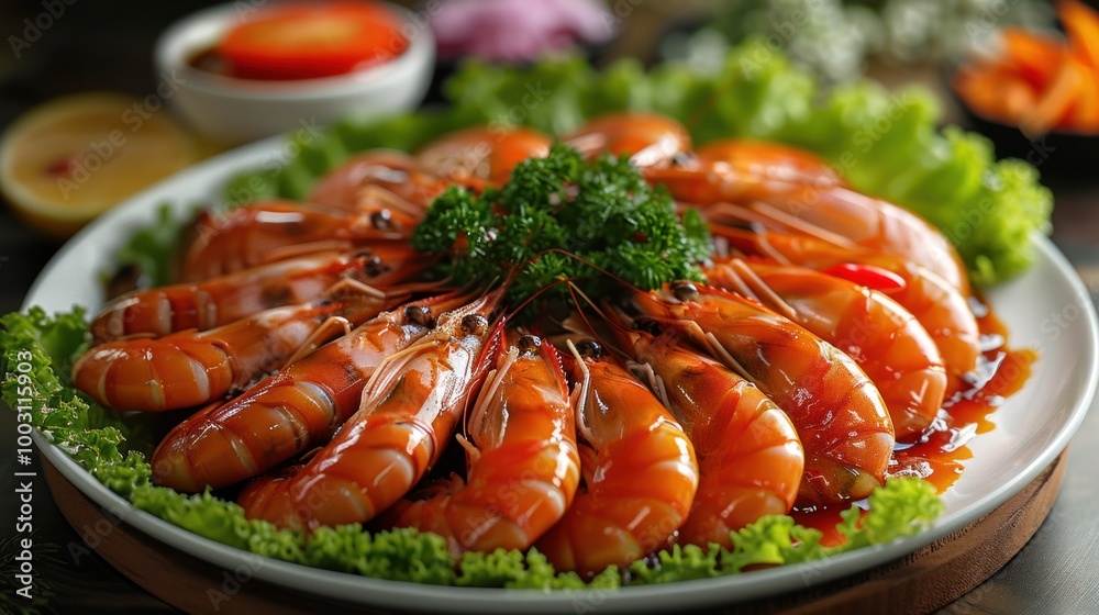 Close up of shrimp garnished with fresh herbs on a white plate, served hot and delicious. Close up of shrimp garnished with fresh herbs on a white plate, served hot and delicious.