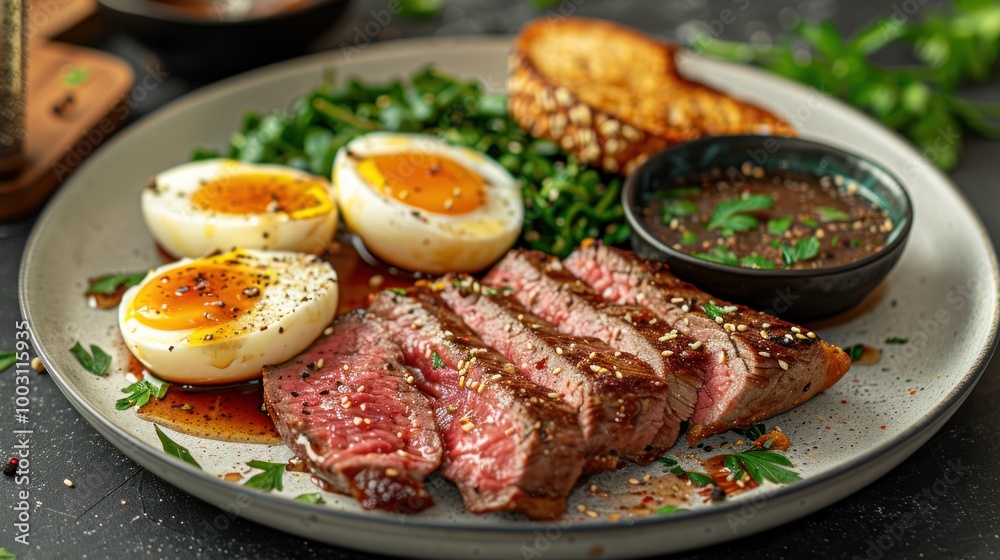 A gourmet dish with sliced steak, poached egg, two slices of toast, fresh herbs and gravy is a hearty and satisfying lunch. A gourmet dish with sliced steak, poached egg, two slices of toast, fresh herbs and gravy is a hearty and satisfying lunch.