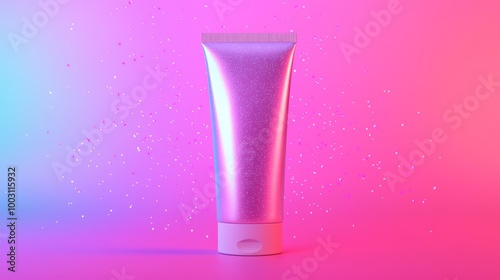 Cosmetic tube on gradient pink and blue background with light sparkles.