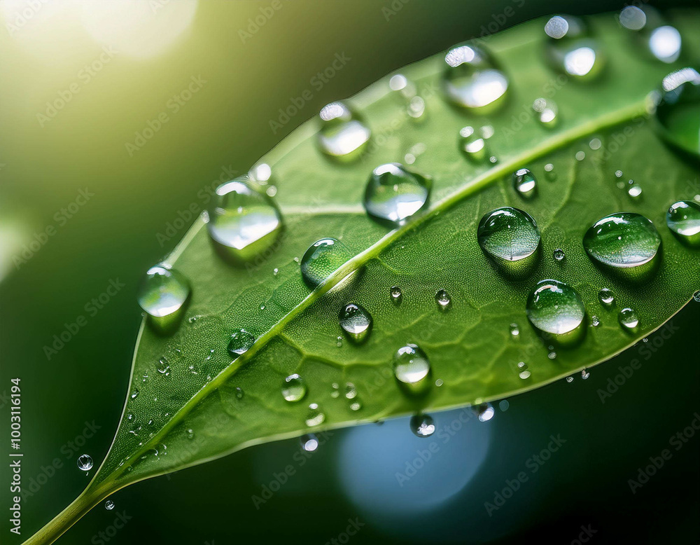 A macro shot of water droplets on a green leaf, with the surface reflecting light. A macro shot of water droplets on a green leaf, with the surface reflecting light.