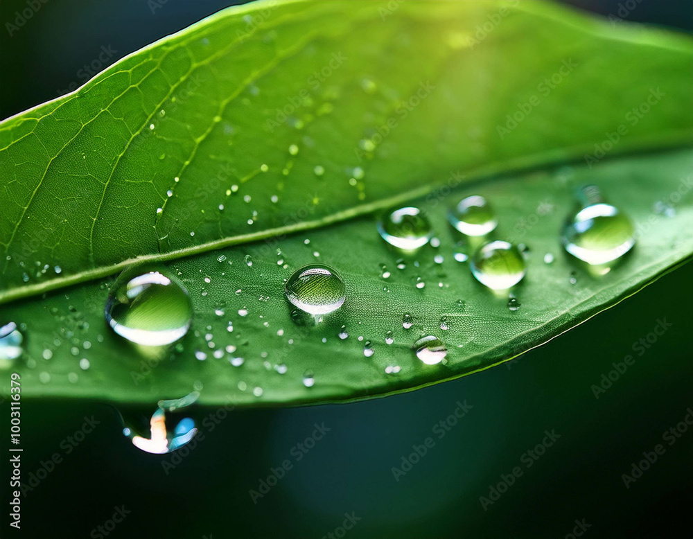 Fototapeta premium A macro shot of water droplets on a green leaf, with the surface reflecting light.