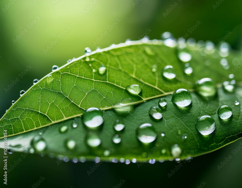 A macro shot of water droplets on a green leaf, with the surface reflecting light. A macro shot of water droplets on a green leaf, with the surface reflecting light.