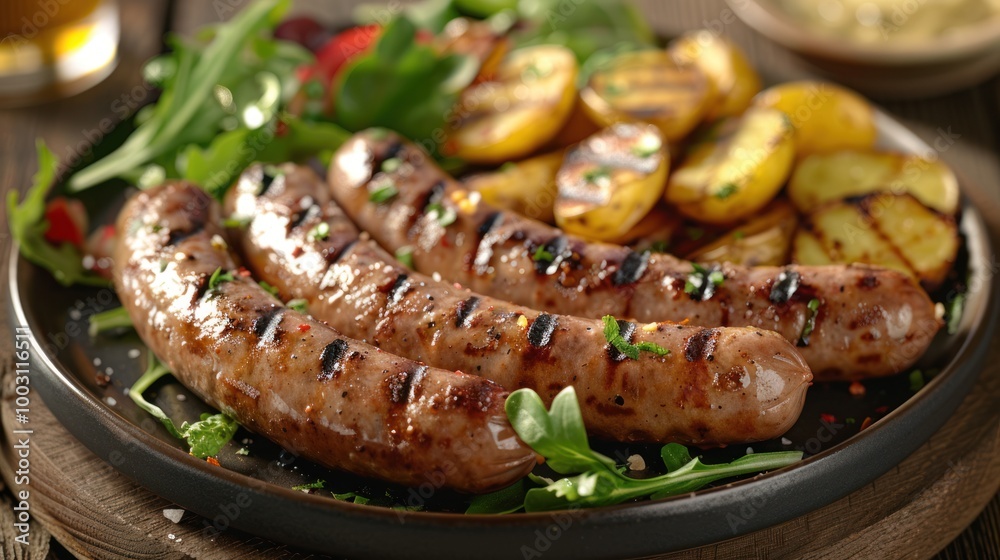 A hearty dish of grilled sausages, crispy roast potatoes and fresh herbs, perfectly presented. A hearty dish of grilled sausages, crispy roast potatoes and fresh herbs, perfectly presented.