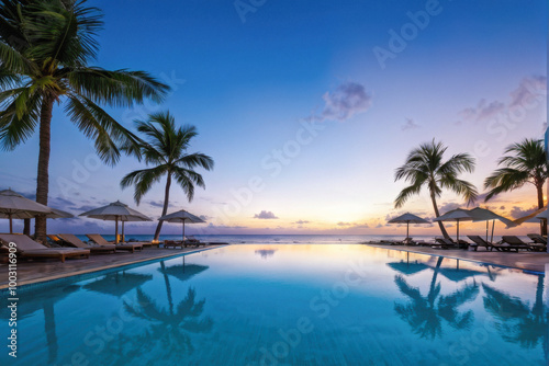 A luxurious tropical beach scene with an infinity pool reflecting palm trees against a stunning sunset sky, creating a serene and relaxing atmosphere. Generative AI