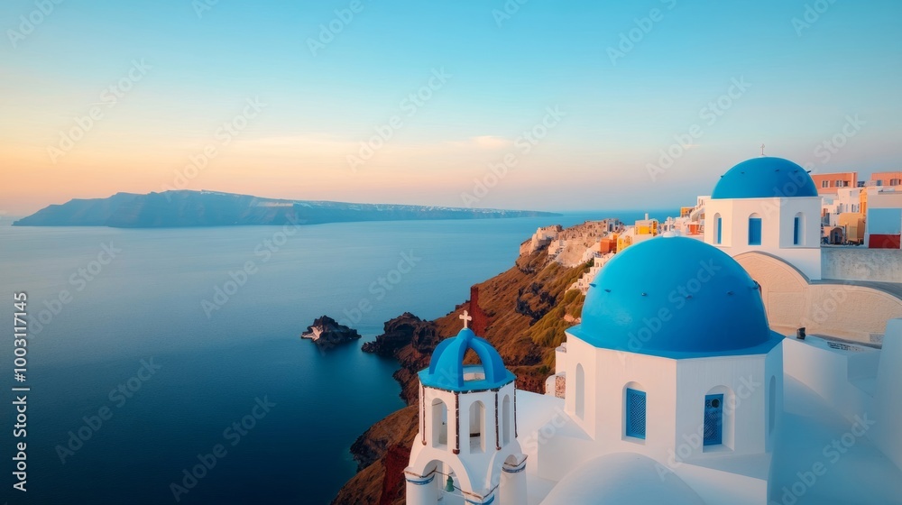 Fototapeta premium Aerial shot of Santorini's white houses with blue domes perched on cliffs overlooking the Aegean Sea 
