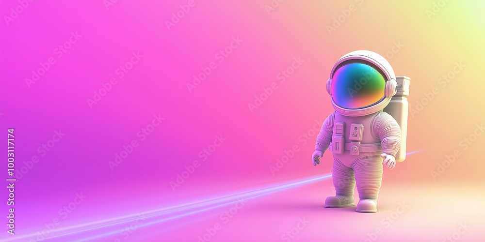 A white astronaut is standing in front of a pink background. The astronaut is wearing a backpack and has a colorful helmet. The image has a futuristic and adventurous vibe A white astronaut is standing in front of a pink background. The astronaut is wearing a backpack and has a colorful helmet. The image has a futuristic and adventurous vibe