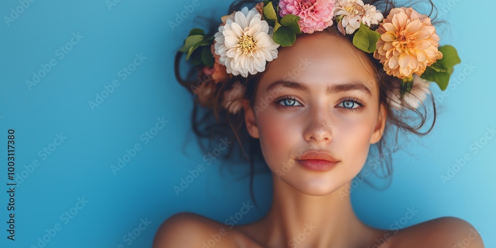 A woman with a flowery headdress is standing in front of a blue wall. She has a beautiful, natural look and is wearing a blue shirt A woman with a flowery headdress is standing in front of a blue wall. She has a beautiful, natural look and is wearing a blue shirt
