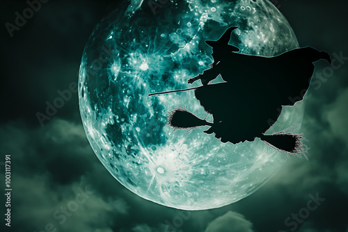 Silhouette of a flying witch on a broomstick against the full moon and dark cloudy sky, capturing the spooky and magical atmosphere of Halloween night photo