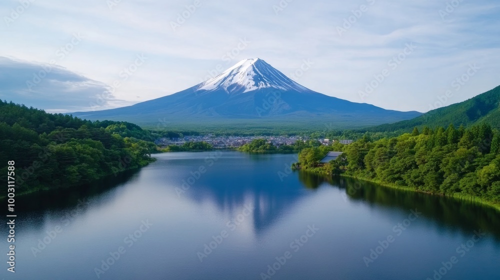 Aerial view of Mount Fuji framed by a serene lake and traditional Japanese buildings in the foreground Aerial view of Mount Fuji framed by a serene lake and traditional Japanese buildings in the foreground