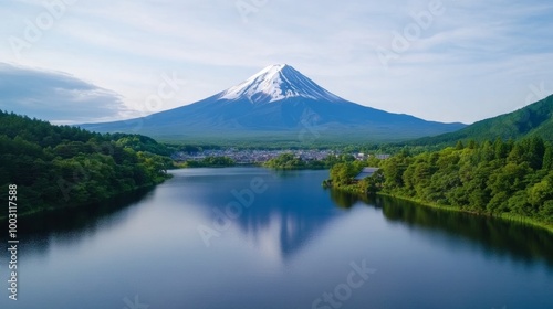 Aerial view of Mount Fuji framed by a serene lake and traditional Japanese buildings in the foreground 