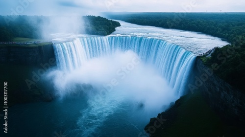 Aerial view of Niagara Falls with mist rising over the cascading waterfalls and tourists observing from above 