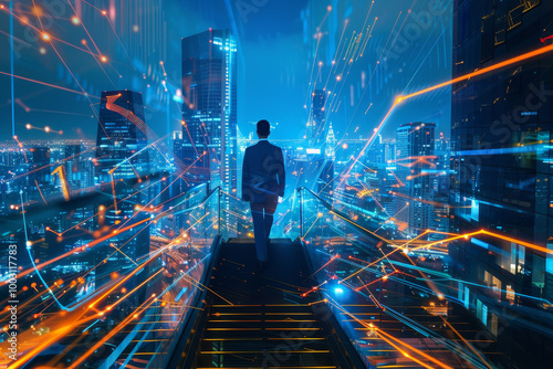 A man is walking on a city street with a futuristic skyline in the background