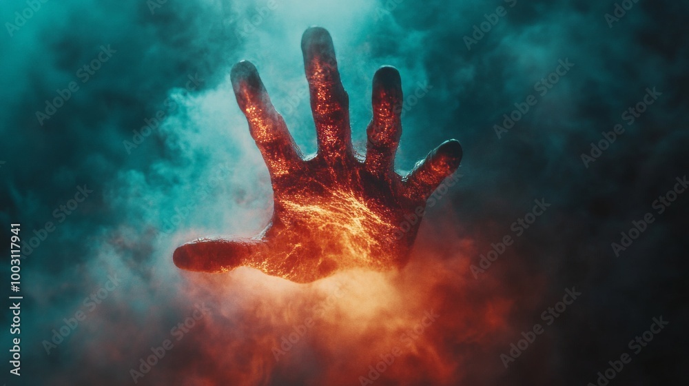 A hand is shown in a fiery red glow, surrounded by smoke A hand is shown in a fiery red glow, surrounded by smoke