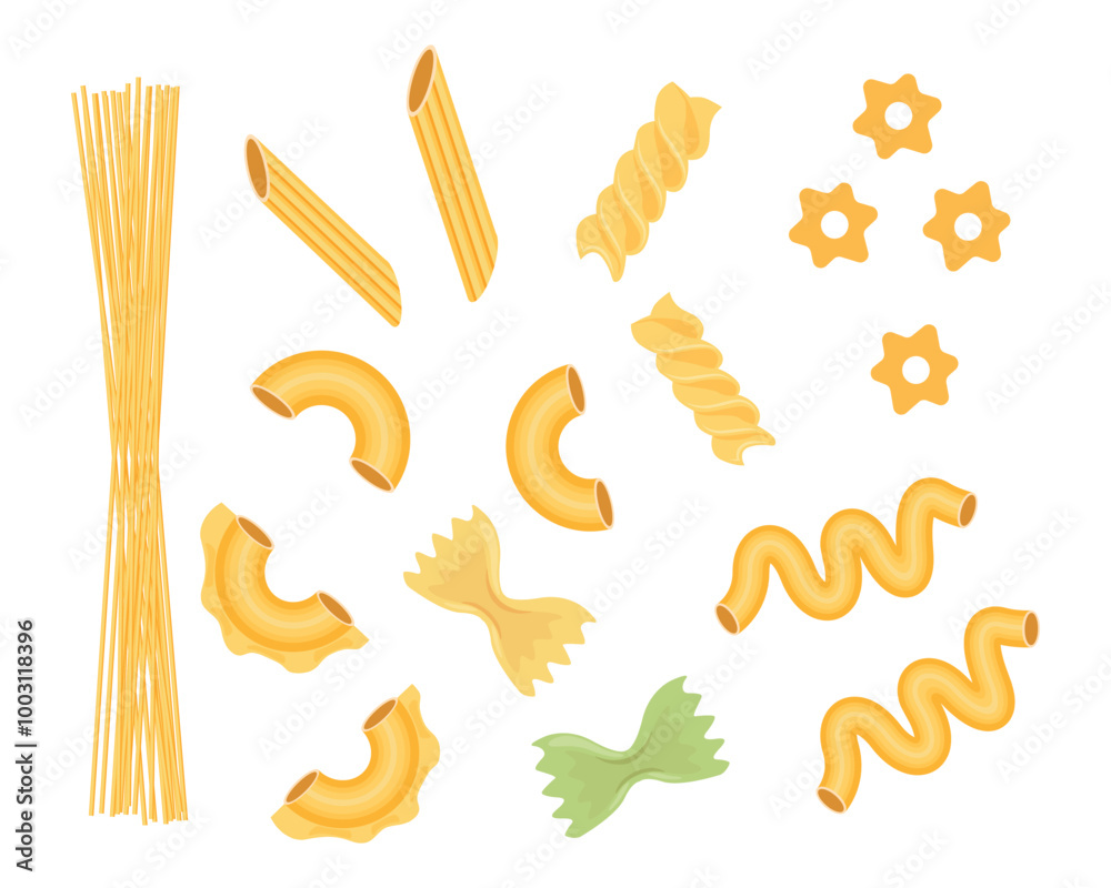 Set of shaped Italian pasta in cartoon style.Vector illustration delicious pasta of different types:spaghetti, farfalle, serpentine, conchiglie, rigatoni, fusilli, stellini, celentani,creste di gallo. Set of shaped Italian pasta in cartoon style.Vector illustration delicious pasta of different types:spaghetti, farfalle, serpentine, conchiglie, rigatoni, fusilli, stellini, celentani,creste di gallo.