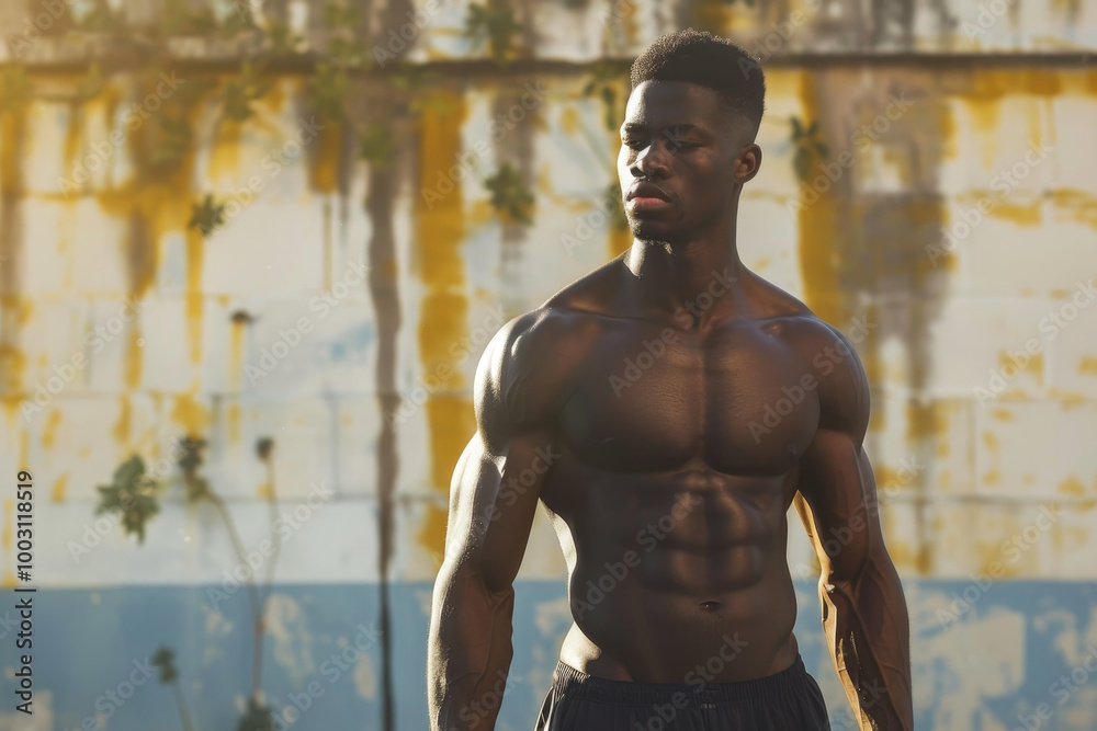 A man with a muscular body is standing in front of a wall A man with a muscular body is standing in front of a wall