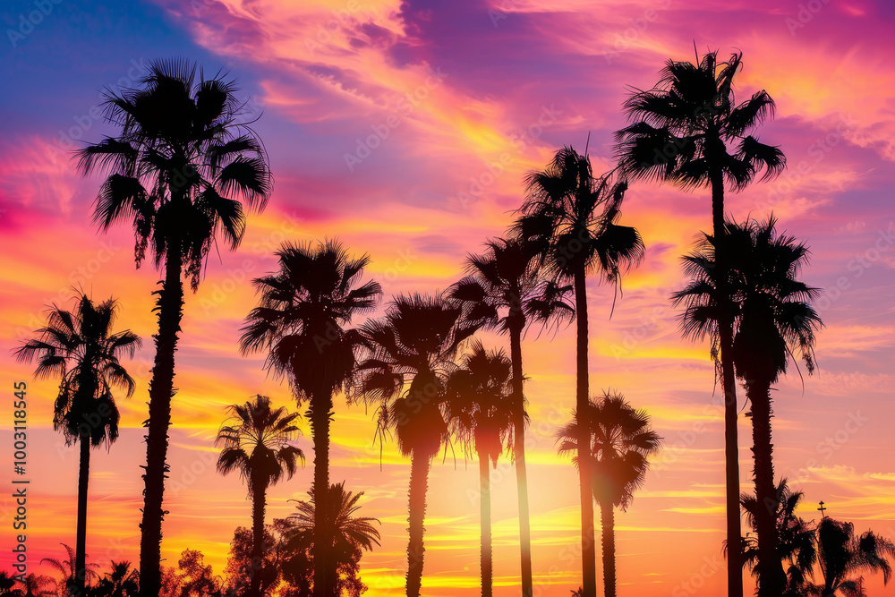 A beautiful sunset over a palm tree forest A beautiful sunset over a palm tree forest