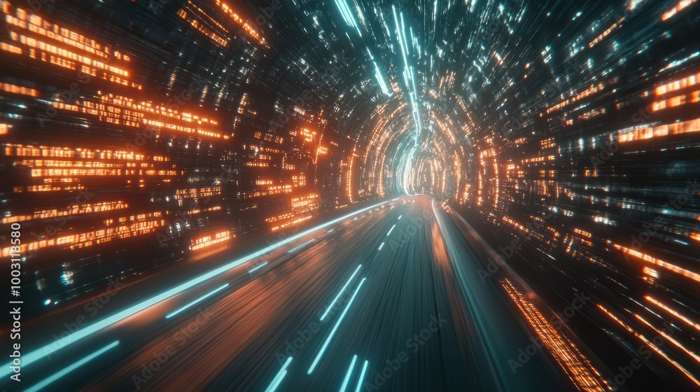 Generative AI : Digital data flow on road with motion blur to create vision of fast speed transfer