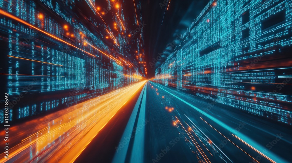 Generative AI : Digital data flow on road with motion blur to create vision of fast speed transfer Generative AI : Digital data flow on road with motion blur to create vision of fast speed transfer