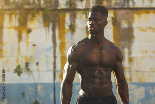 A man with a muscular body is standing in front of a wall