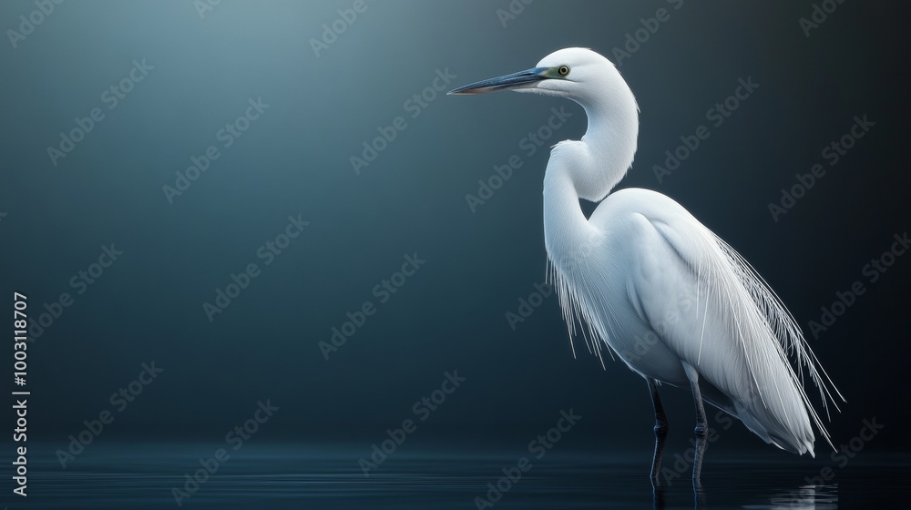 Fototapeta premium A white bird stands in the water, looking out over the surface